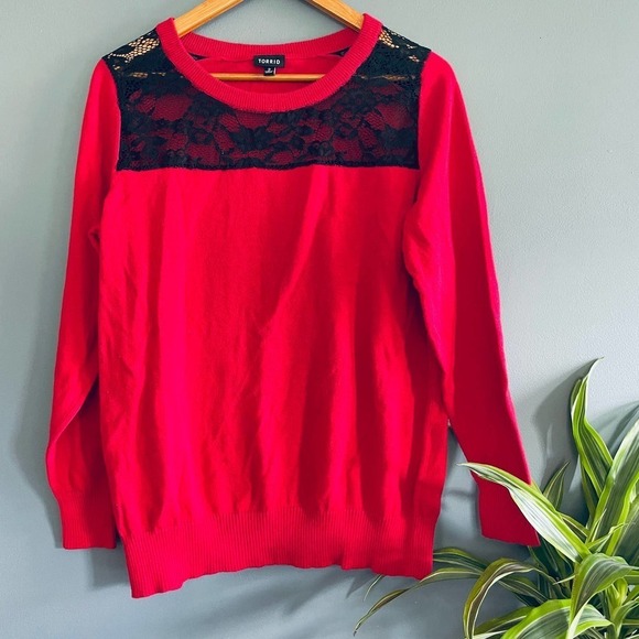 Torrid Lace Yoke Sweater 2 2XL Red Black Women's Pullover - Picture 2 of 5